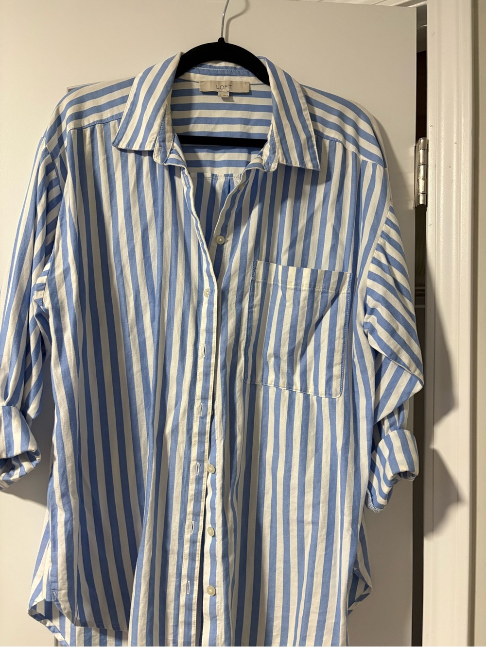 LOFT Blue and White Striped Button-Down Shirt